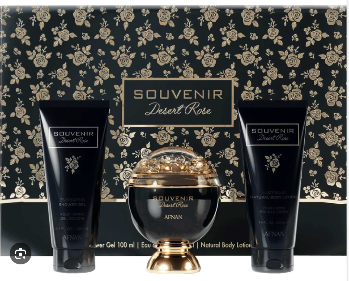 AFNAN SOUVENIR DESERT ROSE 3.4 oz EDP L + 3.4 oz BODY LOTION + 3.4 oz SHOWER GEL
