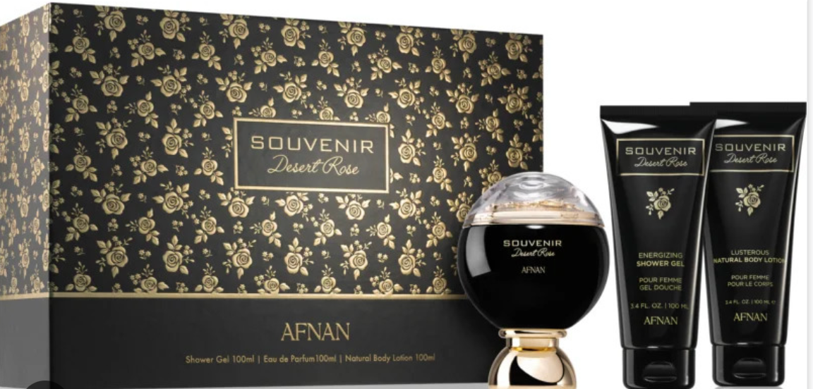 AFNAN SOUVENIR DESERT ROSE 3.4 oz EDP L + 3.4 oz BODY LOTION + 3.4 oz SHOWER GEL