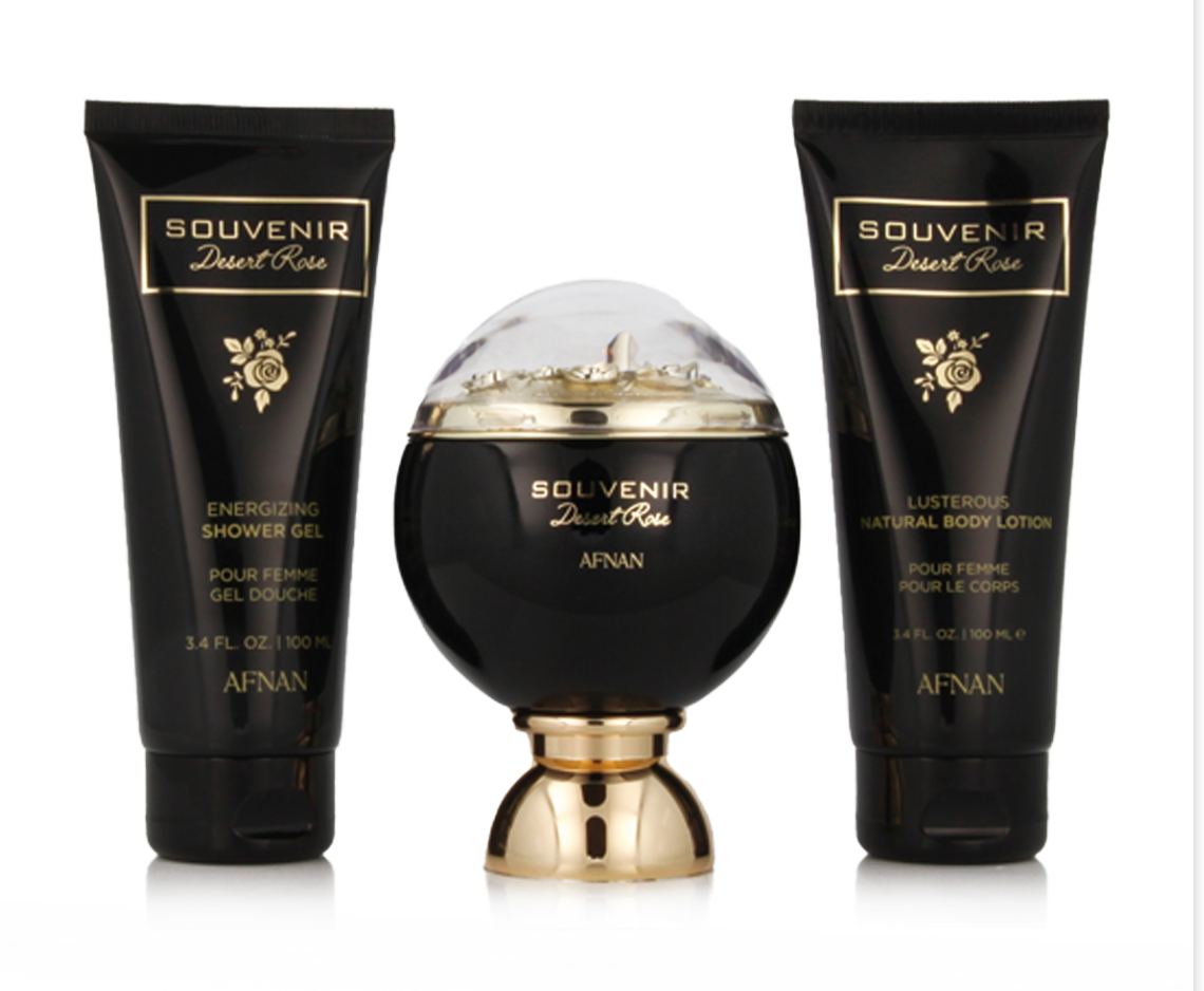 AFNAN SOUVENIR DESERT ROSE 3.4 oz EDP L + 3.4 oz BODY LOTION + 3.4 oz SHOWER GEL